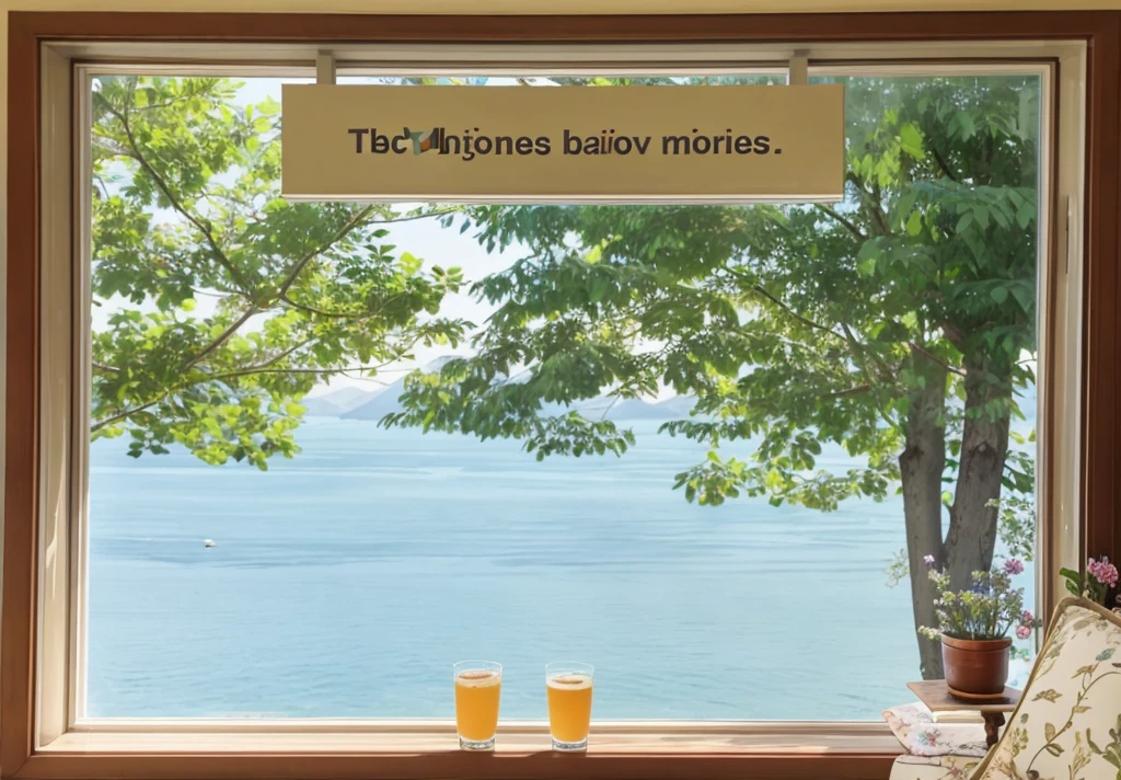Scenery outside the window,Distant mountains and near waters,Sea view。There are trees,There are flowers,Open the window,There is only one drink on the windowsill