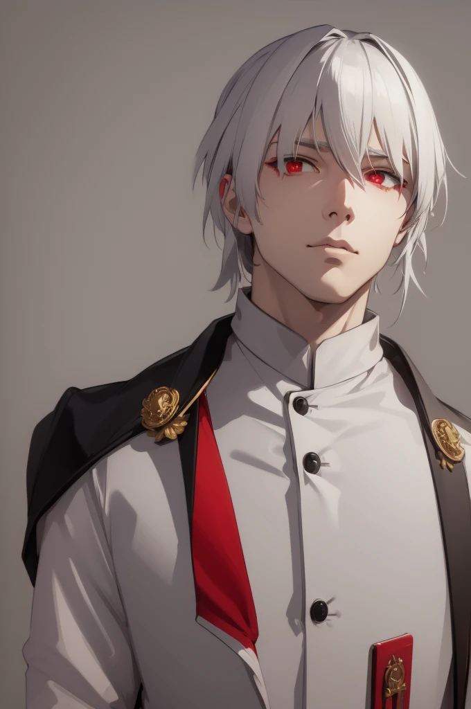 White haired man with red eyes and hairstyle to one side