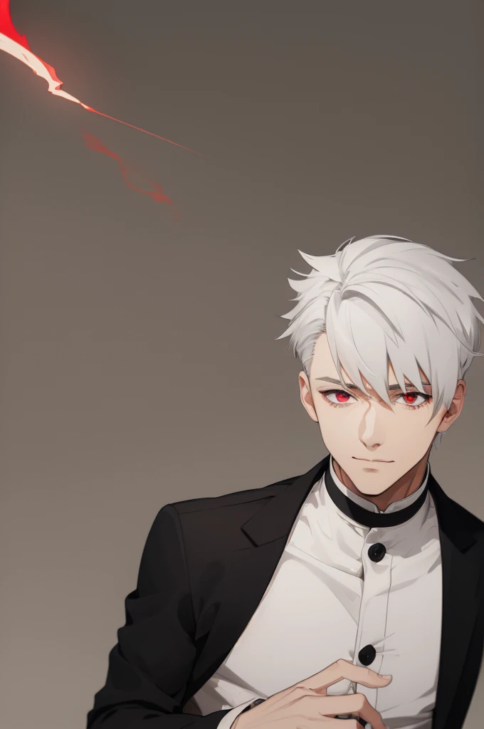 White haired man with red eyes and hairstyle to one side
