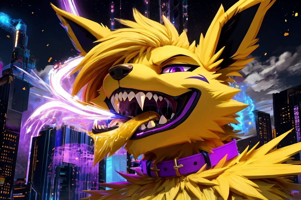 Macro Male Jolteon (pokemon) pred,  smug expression, big teeth, high contrast, 8k HD, detailed, hyper-detailed, furry vore, primary fur yellow, secondary fur white, purple eyes, purple collar, best quality, ultra high res