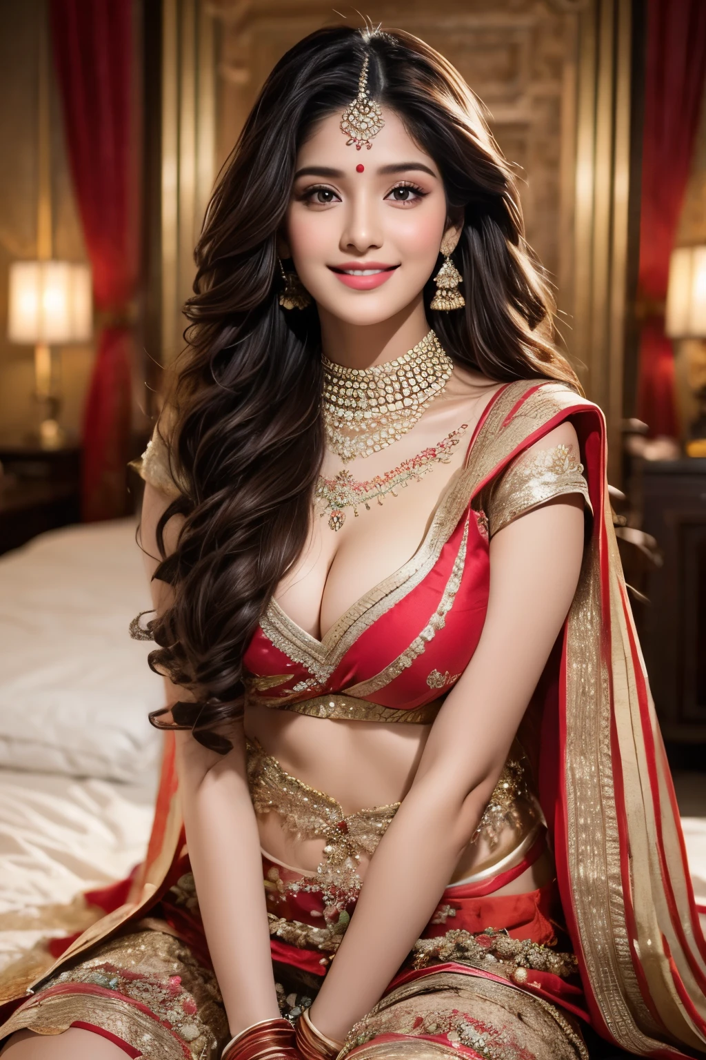 22 year old Indian women , wearing beautiful traditional indian wedding dress, with bridal jewellery, long black hair with curls, brown eyes, brown hair , long hair , smiling, big breast, sitting on a bed in a very lavish and extravagant bedroom,