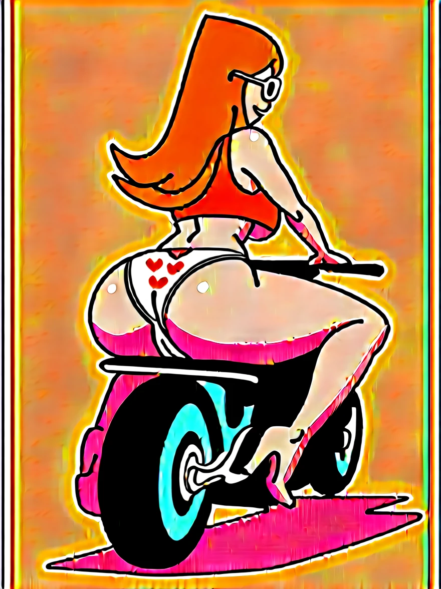 Candace, red tank top, skirtless, riding a motorcycle, white panties with red hearts, heart print panties, legs, barefoot, sunglasses, rear view, extra massive butt, cameltoe, extra large breasts, underboobs, open-toed stiletto high heels