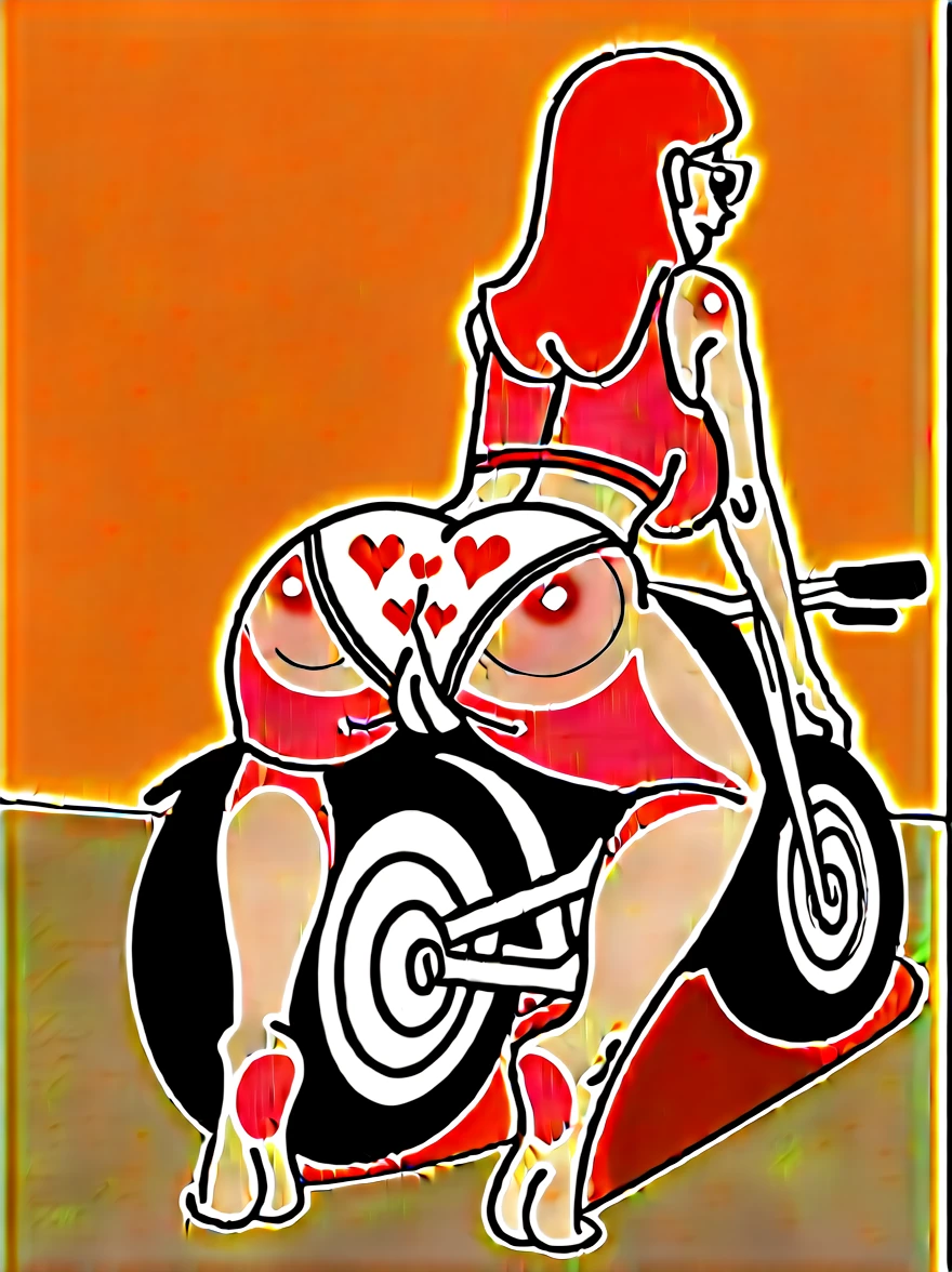 Candace, red tank top, skirtless, riding a motorcycle, white panties with red hearts, heart print panties, legs, barefoot, sunglasses, rear view, extra massive butt, cameltoe, extra large breasts, underboobs, open-toed stiletto high heels