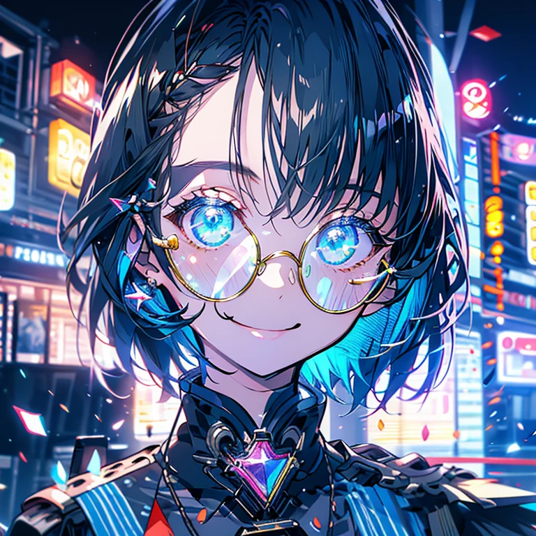 Highest quality、masterpiece、girl、Neon Town、Round glasses、Black Hair、short hair、Jump、smile
