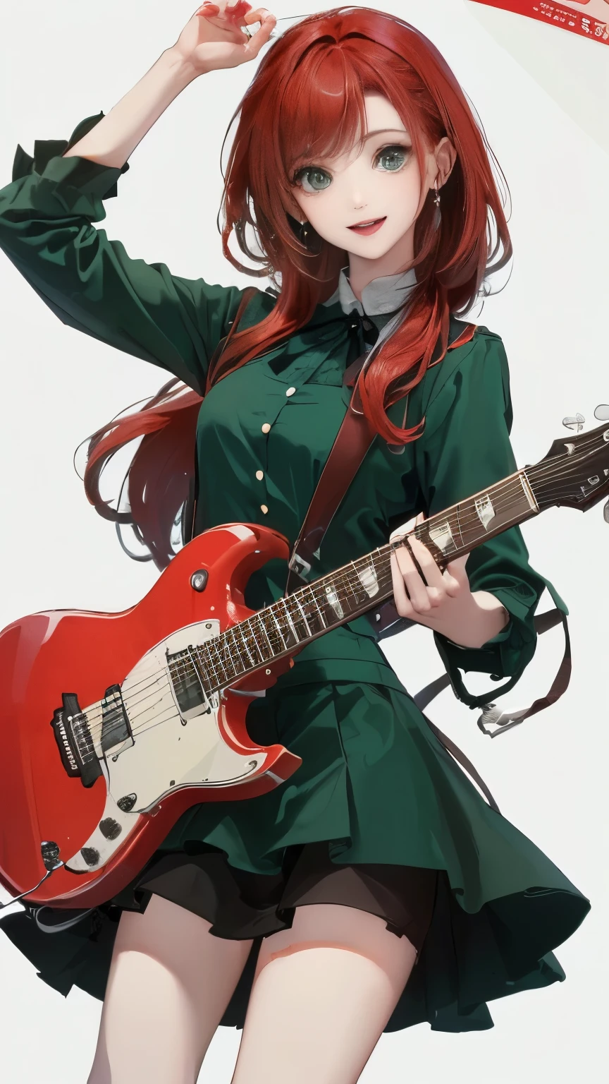 (((White wall background)))、(((Best image quality、8K、Beautiful woman、White wall background)))、guitarist、play the guitar、(((Red hair)))、(((Long Hair)))、(((smile)))、(((Green dress、mini skirt)))、(((Pure white background)))、