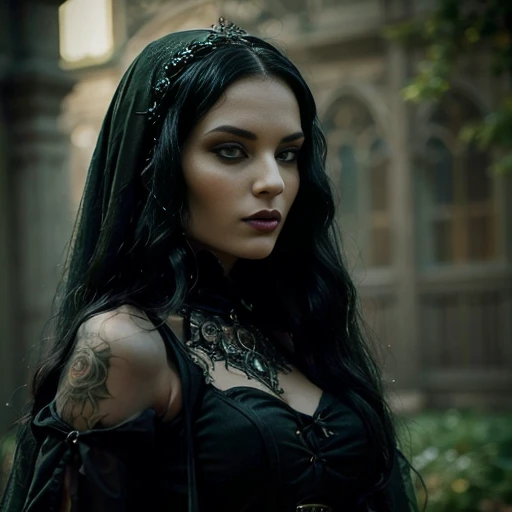 1 woman, European face, European eyes, pretty face, 30 years old, age 30, black long hair, black, green eyes, gothic style, wearing a long black dress, ultra detailed face, hyperrealistic, realistic representation, full body view, gothic style, dancing at a gothic festival
