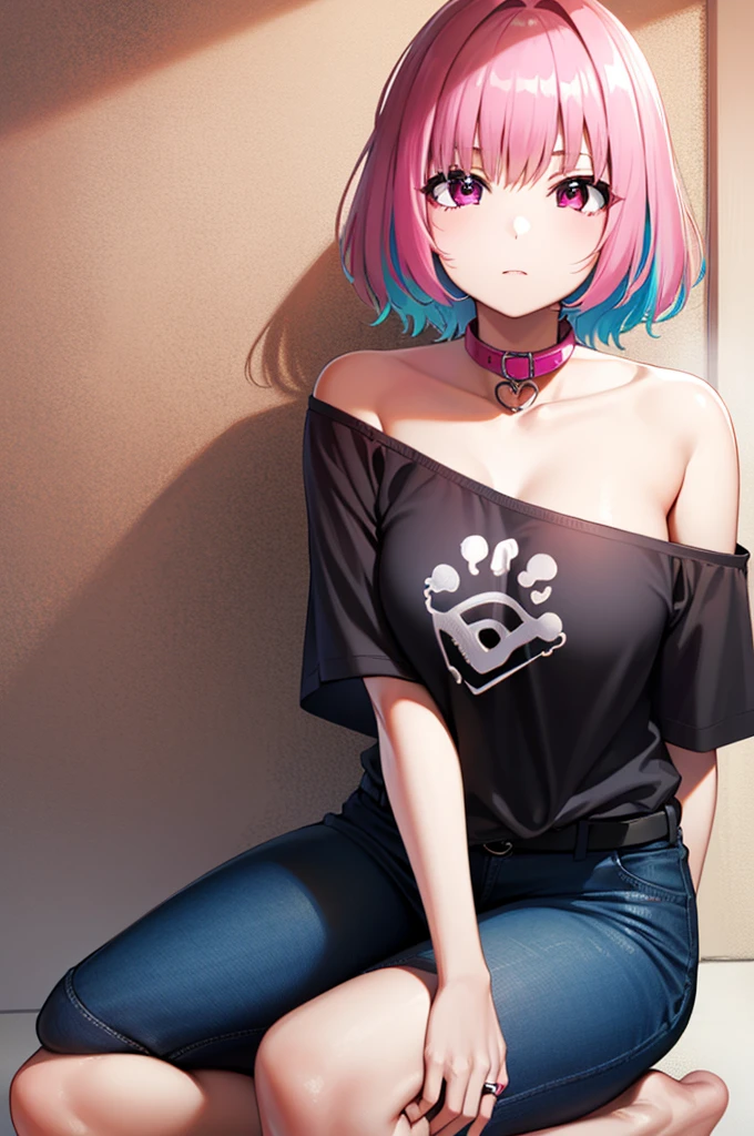 riamuyumemi, riamu yumemi, ahoge, blue hair, hair intakes, multicolored hair, (pink eyes:1.5), pink hair, short hair, two-tone hair,
BREAK (bone print:1.5), bare shoulders, barefoot, belt collar, choker, collarbone, heart, heart collar, heart-shaped lock, jewelry, off shoulder, pink choker, pink collar, ring, shirt, short sleeves, t-shirt,
BREAK looking at viewer, full body,
BREAK indoors,
BREAK (masterpiece:1.2), best quality, high resolution, unity 8k wallpaper, (illustration:0.8), (beautiful detailed eyes:1.6), extremely detailed face, perfect lighting, extremely detailed CG, (perfect hands, perfect anatomy),