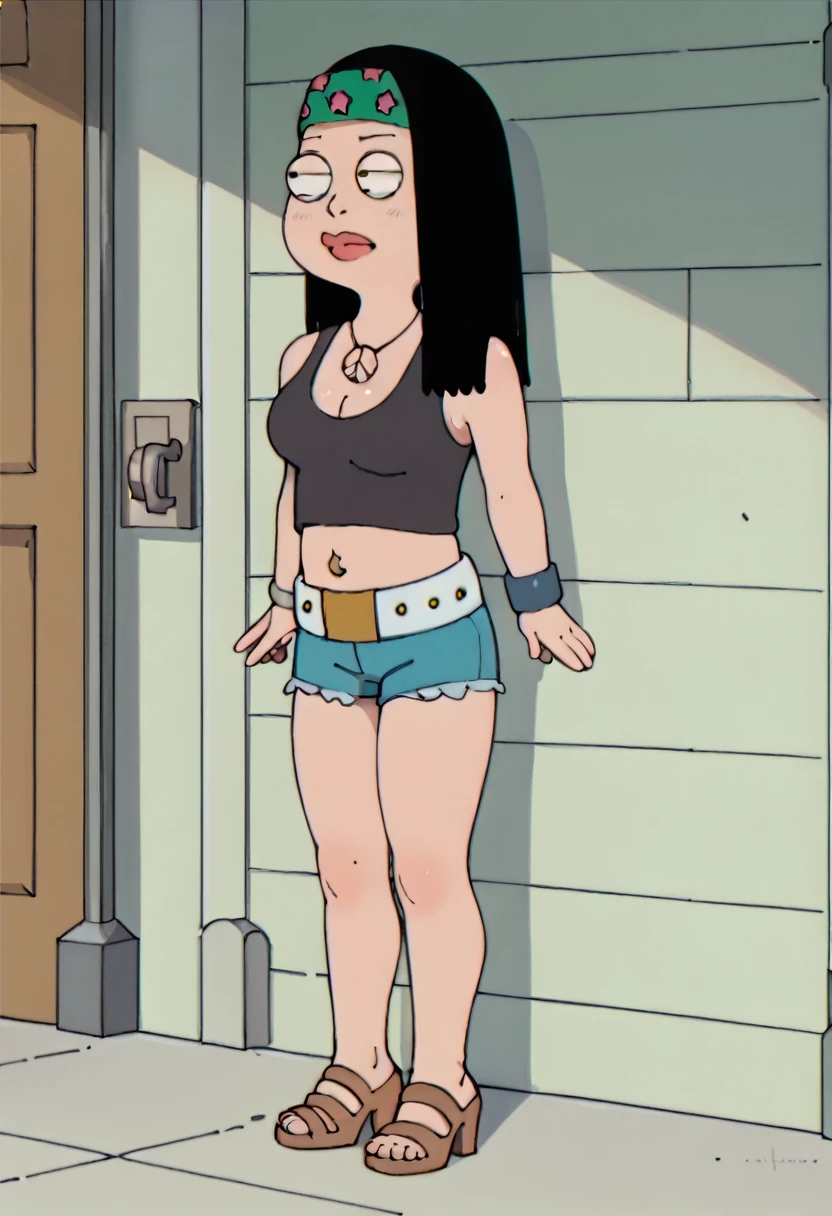 Hayley Smith, 1girl, black hair, black crop top, large breasts, cleavage, blue short shorts, high heels