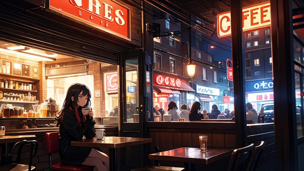 A small cafe is open for business, with lights shining from its red brick exterior. There's a neon sign advertising "Coffee" in red and blue lit letters. Inside, the cafe features a counter with three red stools and a girl sitting in front of it, and a large window that offers a view of the street outside. The atmosphere seems inviting and cozy, perfect for a warm cup of coffee.