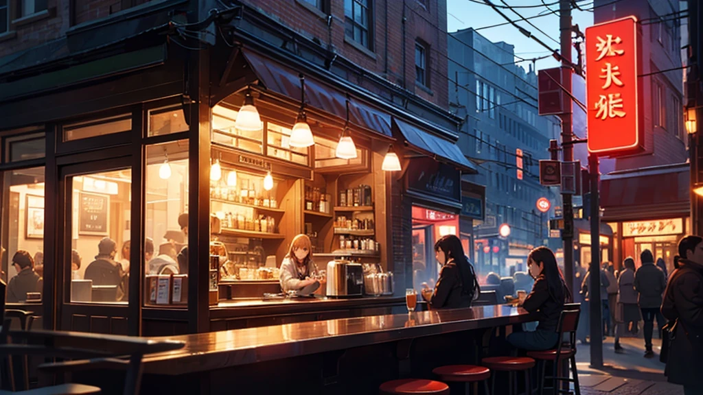 A small cafe is open for business, with lights shining from its red brick exterior. There's a neon sign advertising "Coffee" in red and blue lit letters. Inside, the cafe features a counter with three red stools and a girl sitting in front of it, and a large window that offers a view of the street outside. The atmosphere seems inviting and cozy, perfect for a warm cup of coffee.