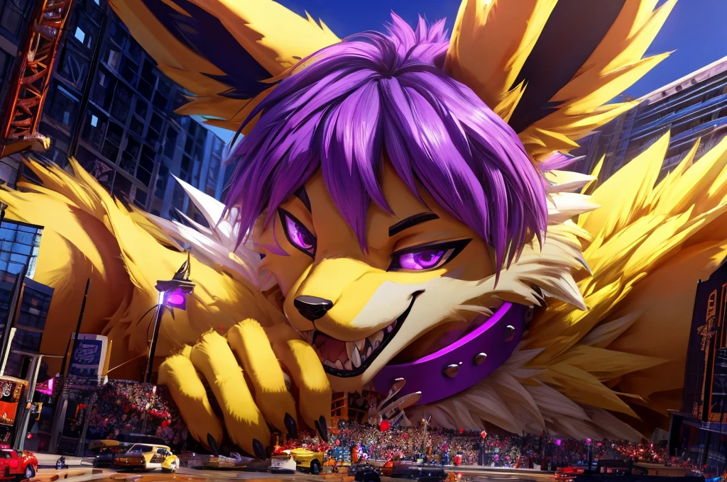 Macro Male Jolteon (pokemon) twink,  smug expression, big teeth, high contrast, 8k HD, detailed, hyper-detailed, furry vore, primary fur yellow, secondary fur white, purple eyes, purple collar, best quality, ultra high res