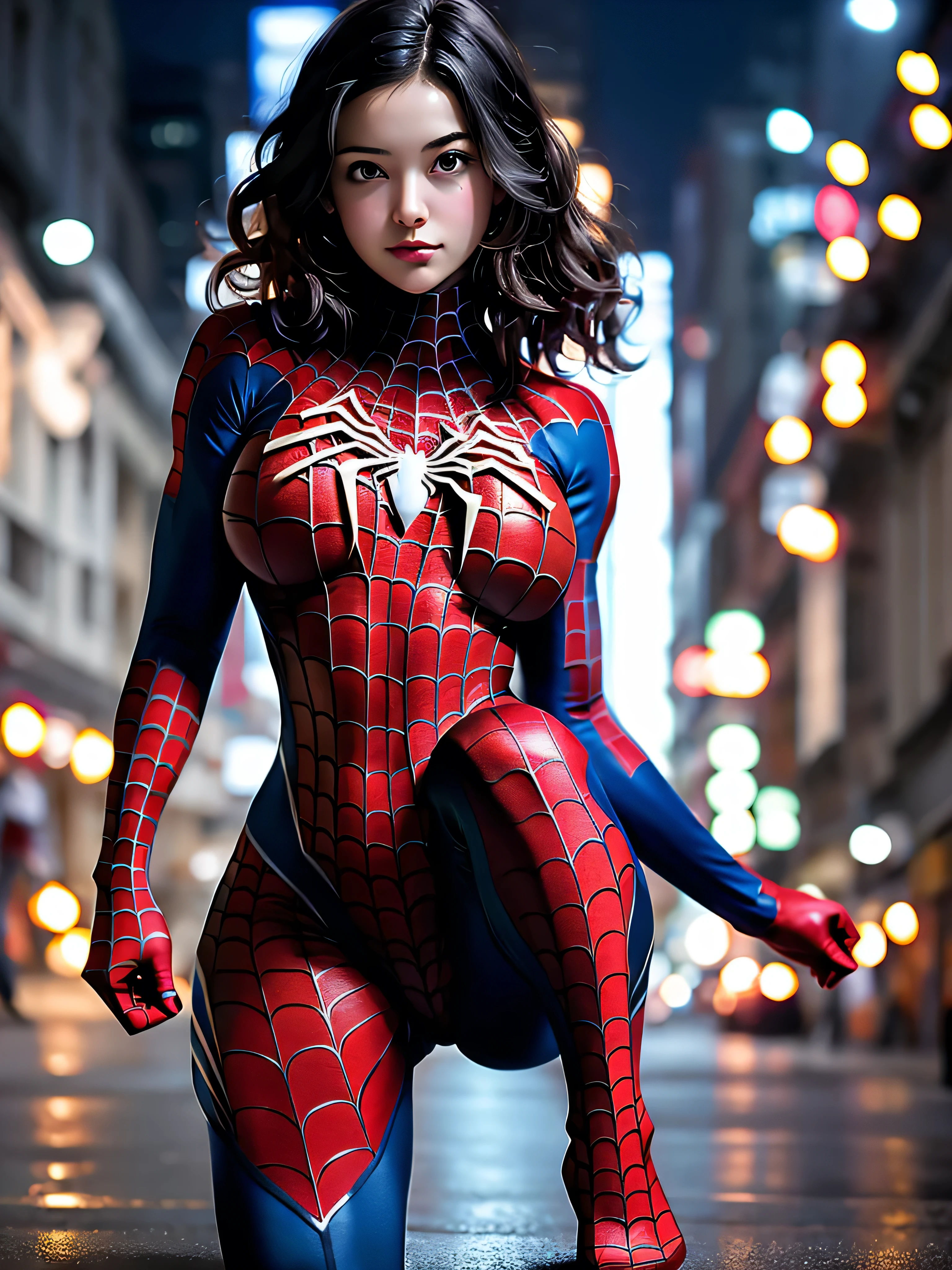 masterpiece, best quality, high resolution, absurdres,
1girl, spiderman costume, big breasts, curly hair, Blue yes, outdoor, Hands pur on Her legs