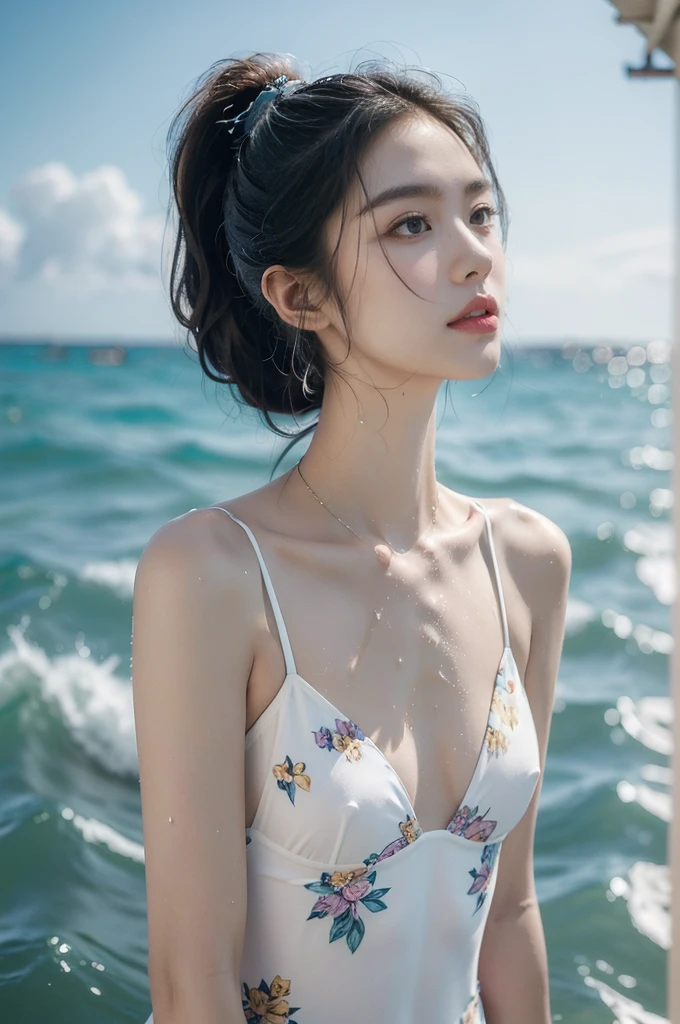 "(((best quality))), (((ultra detailed))), (((masterpiece))), illustration,((1 beautiful young girl,solo)),((slim,thin)),(vibrant floral swimsuit:1.3),((small ,flat chest)),(short ponytail:1.2),((shiny skin,sweat,wet)),seaside, summer, joyful, playful, physical features, smooth fair skin, gentle sea breeze, endless azure sky, picturesque backdrop, whiteness of sand, deep blues of the sea, waves crashing, internal turmoil, transformation, standing on the cusp of womanhood, confidence, sexualitaphorical plunge, next chapter of life,significance of the moment, beauty of the seaside, celebration of youth, excitement of summer ahead,((from front,upper body))