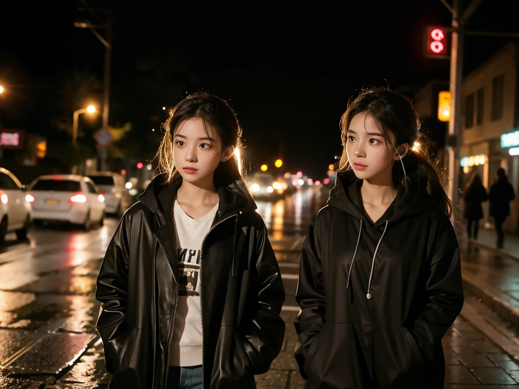 A girl，night，Walking in the street，Street Lights，light rain，Wearing headphones