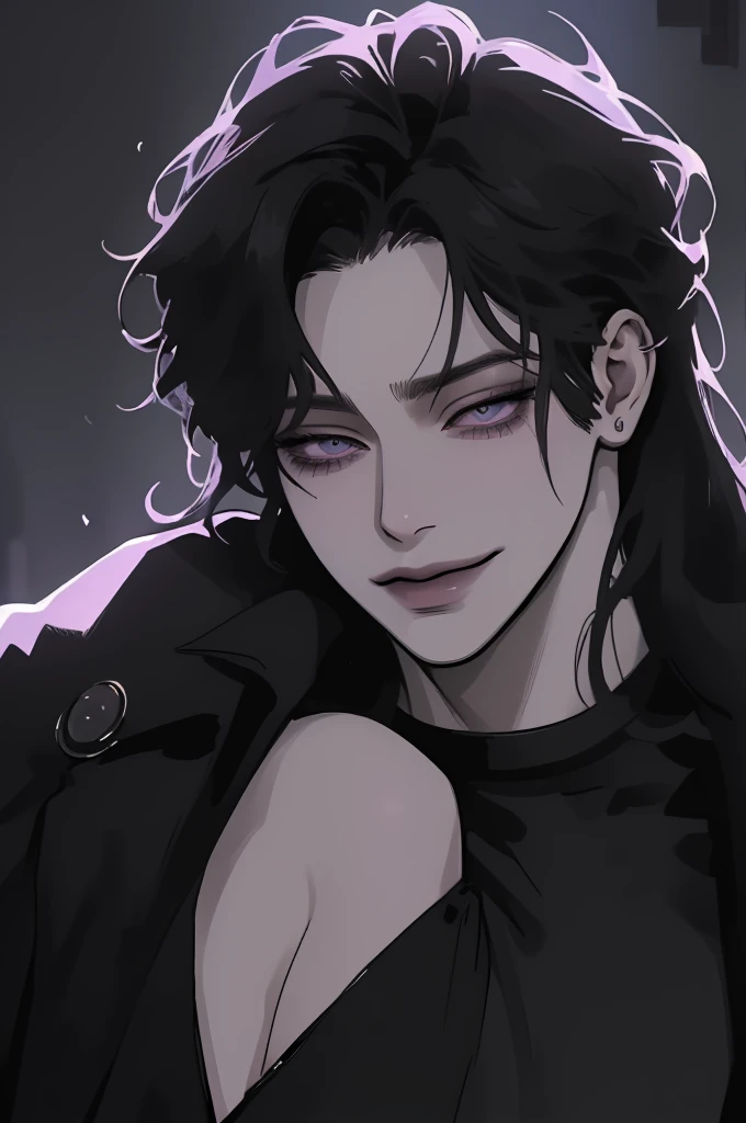 anime man in the night city, attractive man with сиреневые глаза while squinting, black hair, black loose shirt, (((no decorations on clothes))), beautiful detailed eyes, lilac eyes eyes, squinting, shoulder-length curly hair, (Best quality,4K,8 k,A high resolution,masterpiece:1.2), ultra detailed,  (realistic, realistic:1.37), bright colors, dark lighting, Cinematic, A sly smile on his face, long hair, full length