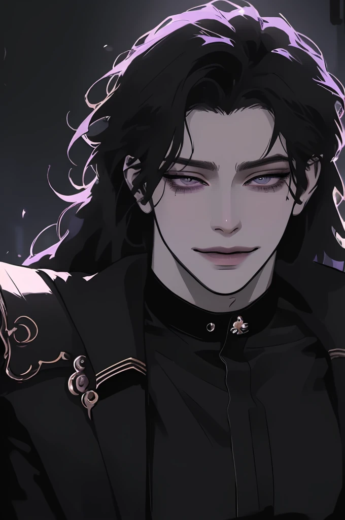 anime man in the night city, attractive man with сиреневые глаза while squinting, black hair, black loose shirt, (((no decorations on clothes))), beautiful detailed eyes, lilac eyes eyes, squinting, shoulder-length curly hair, (Best quality,4K,8 k,A high resolution,masterpiece:1.2), ultra detailed,  (realistic, realistic:1.37), bright colors, dark lighting, Cinematic, A sly smile on his face, long hair, full length