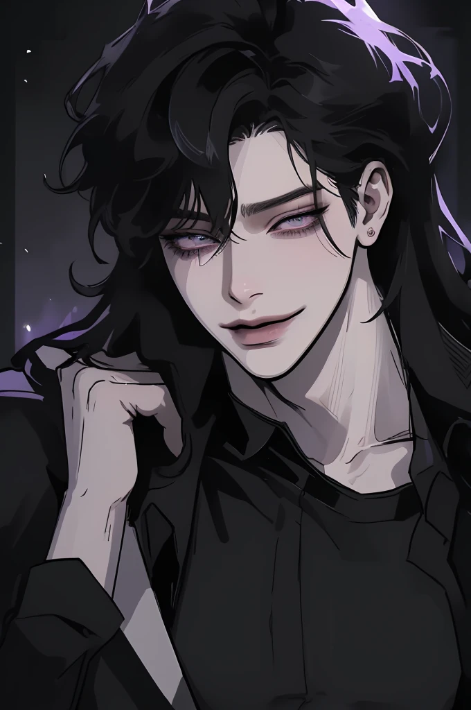 anime man in the night city, attractive man with сиреневые глаза while squinting, black hair, black loose shirt, (((no decorations on clothes))), beautiful detailed eyes, lilac eyes eyes, squinting, shoulder-length curly hair, (Best quality,4K,8 k,A high resolution,masterpiece:1.2), ultra detailed,  (realistic, realistic:1.37), bright colors, dark lighting, Cinematic, A sly smile on his face, long hair, full length