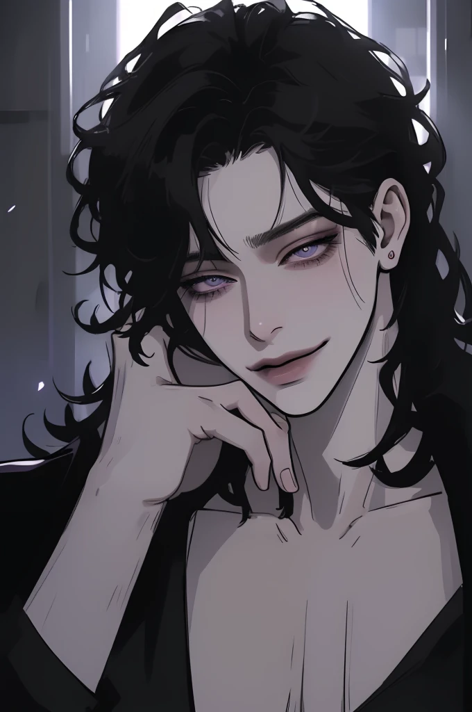 anime man in the night city, attractive man with сиреневые глаза while squinting, black hair, black loose shirt, (((no decorations on clothes))), beautiful detailed eyes, lilac eyes eyes, squinting, shoulder-length curly hair, (Best quality,4K,8 k,A high resolution,masterpiece:1.2), ultra detailed,  (realistic, realistic:1.37), bright colors, dark lighting, Cinematic, A sly smile on his face, long hair, full length