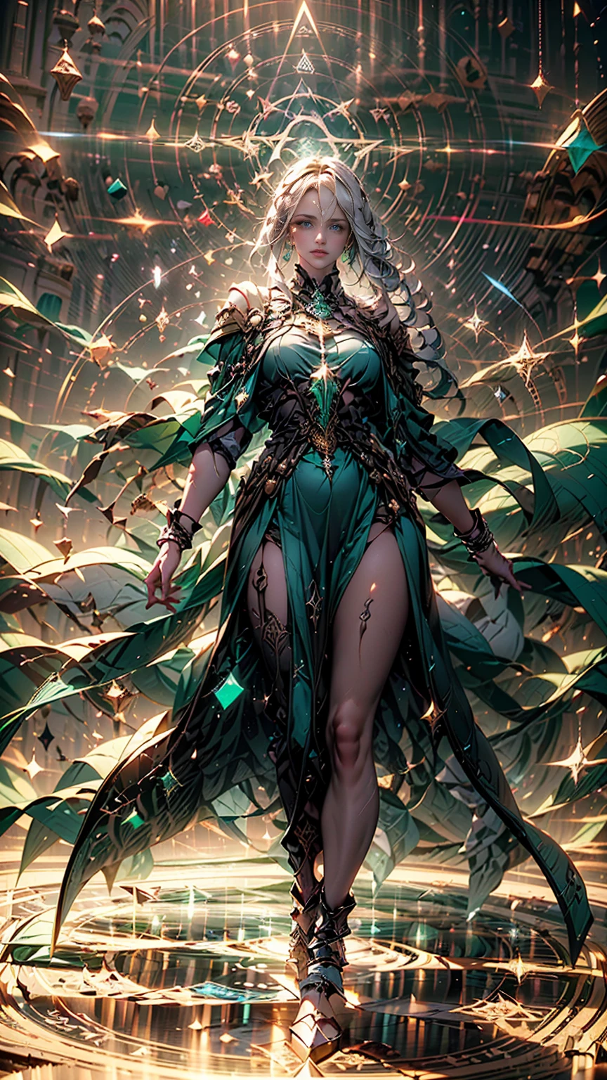 from below, close up, ((1 woman, ella es una domination en la jerarquía de los ángeles, alone, translucent white hair, extremely long and shiny hair, green halo, thick lips, emerald green eyes, domination, ethereal beauty.)) emerald green armor ((He has a gold and green staff as a weapon)) ((she is dressed with: divine clothes, ethereal and mystical dress, emerald green armor )). sealing the boundaries between dimensions, angry and radiant look, expression of anger. ((sky, intense light particles, sparkles and light green magic circle)) ((Around: un sky dimensional, con luces de energía verde intrincada rodeando a la domination, un portal se muestra al fondo de donde emerge la domination, luminescent vines, green light rays)) ((realist, photo-realist:1.3), Masterpiece, extremely detailed pale body, Half body, giant, green colors, White and grey))