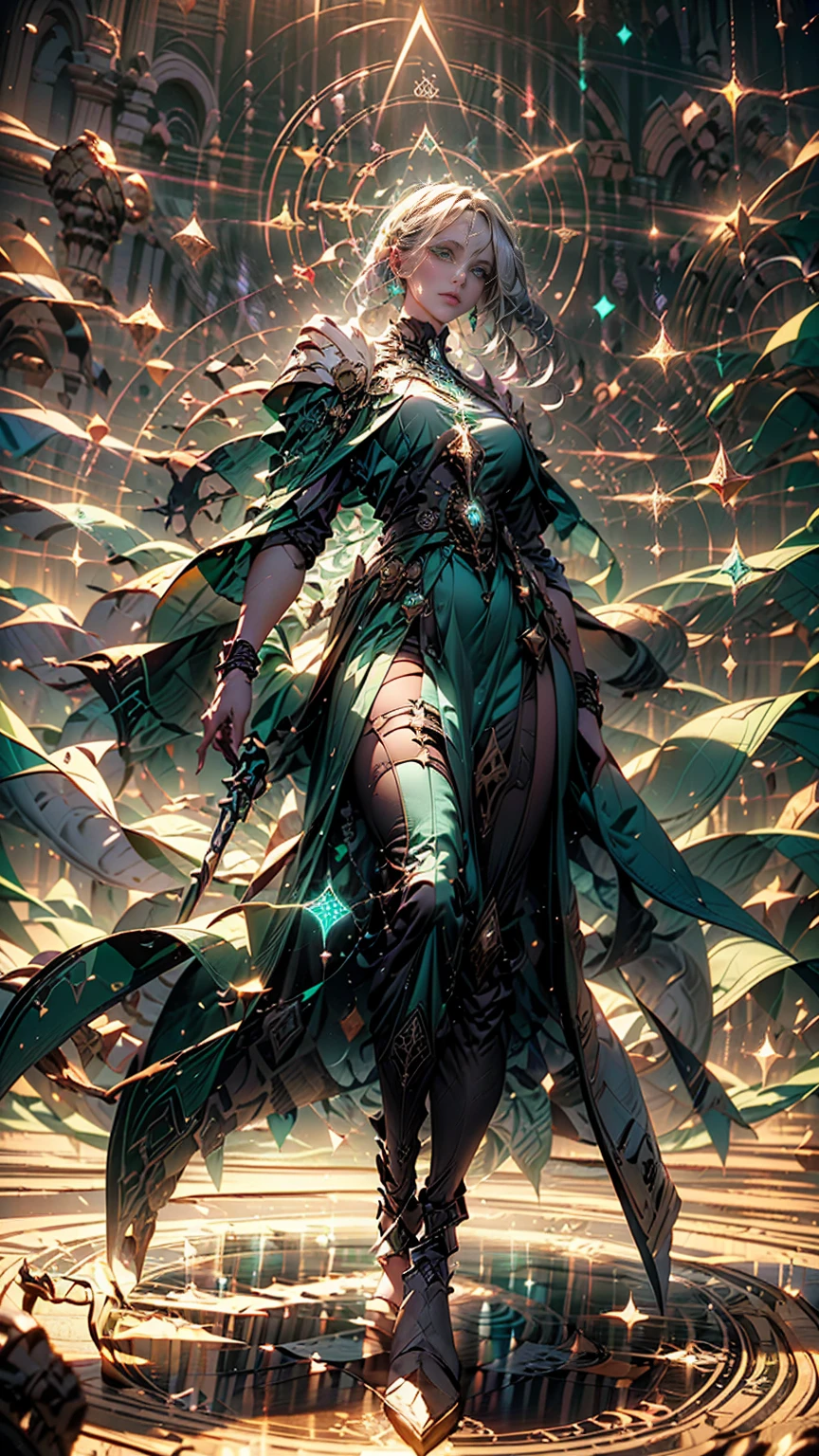 from below, close up, ((1 woman, ella es una domination en la jerarquía de los ángeles, alone, translucent white hair, extremely long and shiny hair, green halo, thick lips, emerald green eyes, domination, ethereal beauty.)) emerald green armor ((He has a gold and green staff as a weapon)) ((she is dressed with: divine clothes, ethereal and mystical dress, emerald green armor )). sealing the boundaries between dimensions, angry and radiant look, expression of anger. ((sky, intense light particles, sparkles and light green magic circle)) ((Around: un sky dimensional, con luces de energía verde intrincada rodeando a la domination, un portal se muestra al fondo de donde emerge la domination, luminescent vines, green light rays)) ((realist, photo-realist:1.3), Masterpiece, extremely detailed pale body, Half body, giant, green colors, White and grey))
