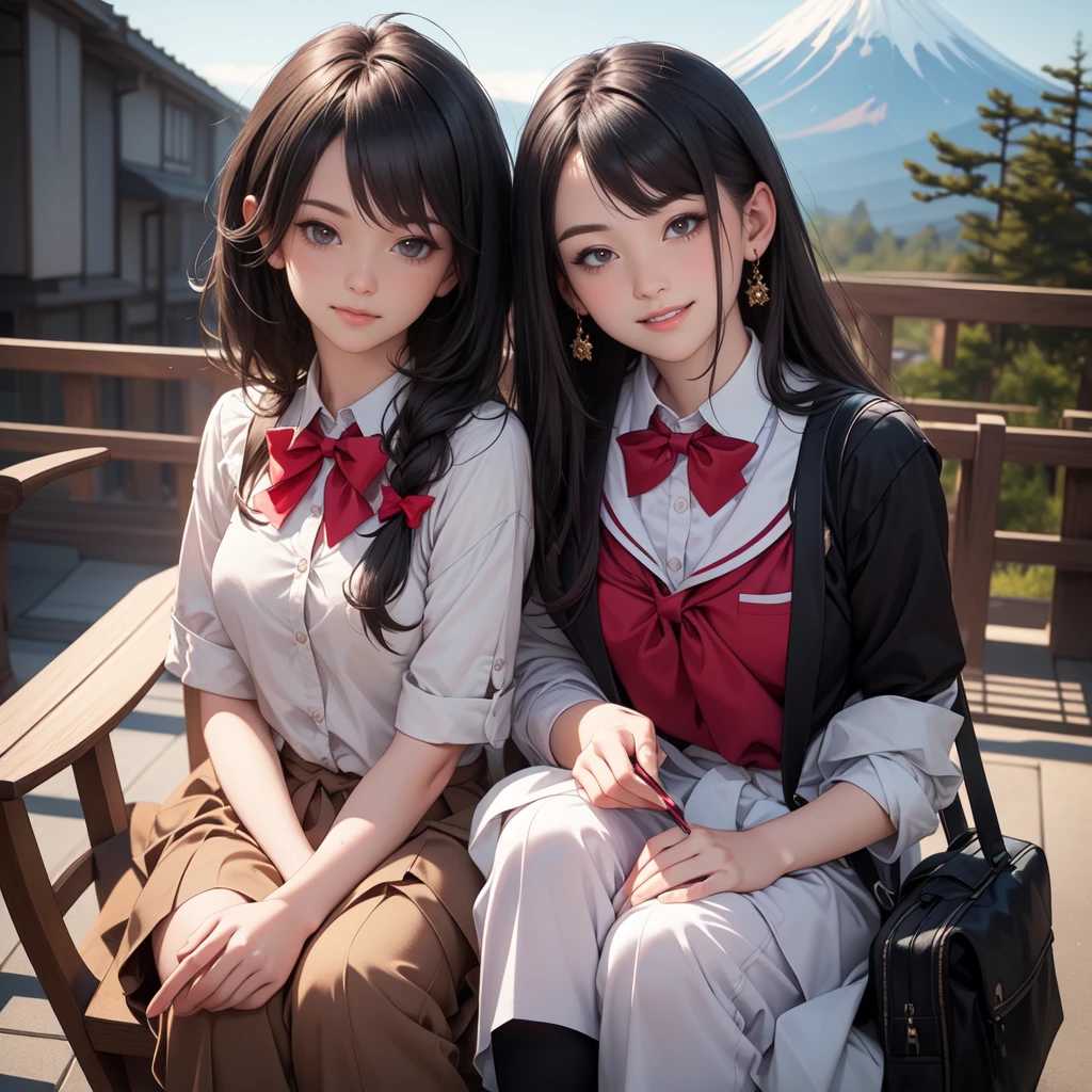 ((8K, RAW Photos, Highest quality, masterpiece)), High-resolution RAW color photos、
Professional close-up photography, (Realistic, フォトrealism: 1.37),
(Highest quality), (Best Shadow), (Best illustrations),
High-quality images、Skin Radiance、Texture of skin and clothing、
Expression of fine eyes、Shiny Hair,Long Hair Girl, Manga inspired by Lee Jong-suk,
Trending on deviantart, realism, detailed manga style, Manga art style,
Perfect Line Drawing, Beautiful line art, digital manga art girl, K-POPアイドル,
Beautiful brown eyes, Fuller lips, Gorgeous face with attention to detail,
(Cute Smile), attractive, Innocent, (Perfectly detailed face),
(Detailed and carefully drawn hand) Photorealistic images, Written boundary depth,
(Japanese style princess cut hairstyle:1.5),
best quality, masterpiece, New Year,
Three Japanese high-school cute girls, ((looking straight:1.7)),
a short-sleeved Japanese-blue-high-school-sailor-suit,
((Reddish bow tie, with a school bag:1.5))
((gently smiling:1.7)),
((upper arms hidden by clothes and hair:1.5)),
(innocent and pure high-school-girls:1.7)
(separately side by side:1.5),
shrine background, (mount Fuji:1.3), (outdoors:1.5)