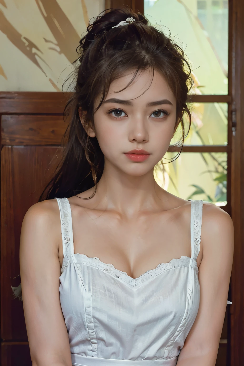 Beautiful girl in a semi-transparent maid outfit、Very beautiful girl、Elegant maid、Exquisite facial features、beautiful eyes、Long eyelashes、Small nose、thick lips、White skin、Flowing long hair、Beautiful posture、light、Soft colors、Elegant and calm、(best quality、4K、8K、high resolution、masterpiece:1.2)、Very detailed、(real、Reality、Reality:1.37)