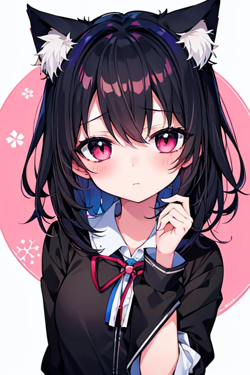 （eyeの焦点,face,close:0.5）,blush,（Expressionless:0.7）,One girl,前hair,Tilt your head,From above,whole body,black_hair,Cat ear（white）,Cat&#39;s Tail（white）,Frilled Chalk,Long skirt_dress,（Small Tits）,pink_eye,My Room,Heart Background