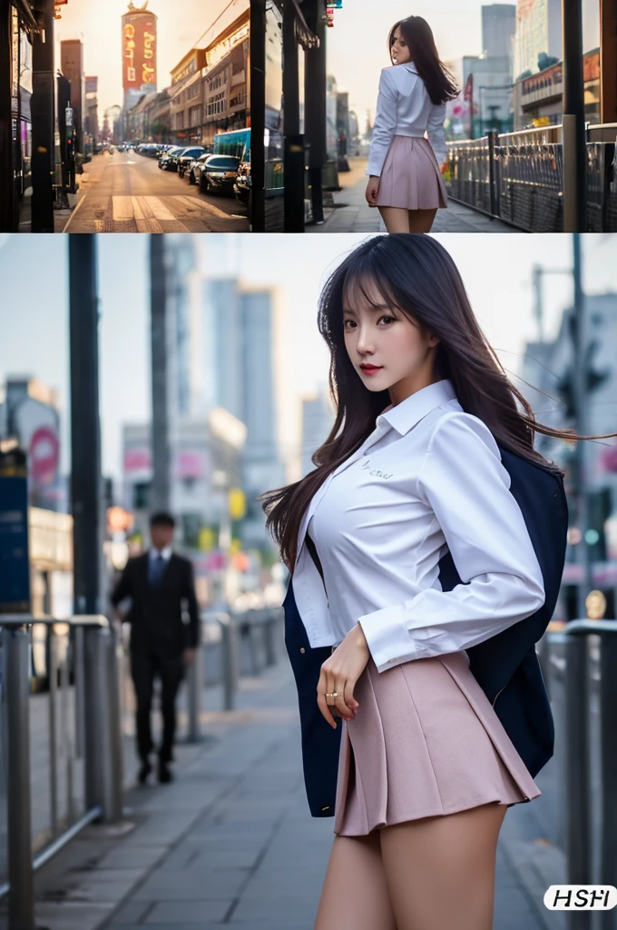 a  girl, she is the most beautiful actress in the world, the perfect body proportions of this girl, her clothed large breasts, she is wearing the blazer on the formal shirt, her crotch area of the panties are hardly hidden by short skirt, her bare legs, it's just one frame, it's just front of her body, no space between her head and top frame, the lower than her shins are out of bottom frame, she is standing at the city street, nsfw, best quality, highly detailed, masterpiece, ultra high res, photo realistic, 8k, RAW photo
