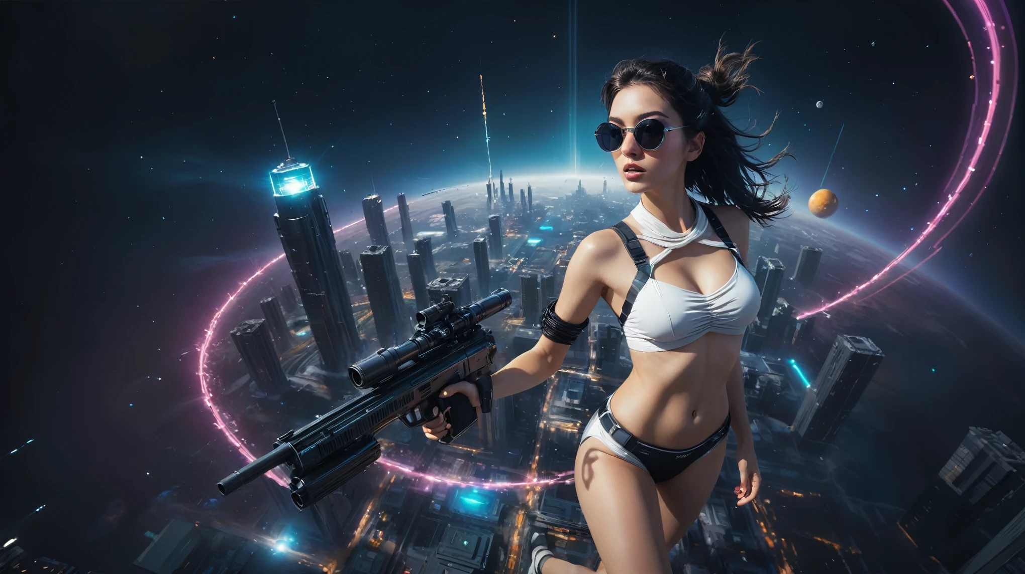 aerial view. brightly colored abstract image of a space station with a spiral, epic beautiful space scifi, chaotic cinematic space rift, greg beeple, planets colliding, beeple and tim hildebrandt, beeple and jean giraud, end of the universe, galaxy space sci-fi, ringworld, by Mike "Beeple" Winkelmann. Matrix style, (((((Matrix cascading code))))), (((((a futuristic twin tower skyscraper with a unique twisted design))))), (((((OLED GUI interfaces in the building))))), at night, (((((1girl, solo))))), photo realistic, (((large-breast:1.2 slim body, cleavage))), (((off broken mini sling-shirt and black sling bra, extreamly short pleated miniskirt exposing panty))), (((((running pose))))), (((((matrix style black sunglasses))))), ((((((((((aiming with a short gun)))))))))), (((((looking at camera))))), (((very low view))), (((((half-body thigh level medium shot))))), (((cinematic lighting))).