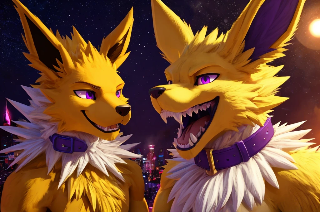 Macro Male Jolteon (pokemon) twink, smug expression, big teeth, high contrast, 8k HD, detailed, hyper-detailed, furry vore, primary fur yellow, secondary fur white, purple eyes, purple collar, best quality, ultra high res