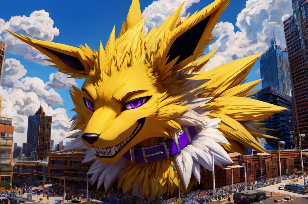 Macro Male Jolteon (pokemon) twink, smug expression, big teeth, high contrast, 8k HD, detailed, hyper-detailed, furry vore, primary fur yellow, secondary fur white, purple eyes, purple collar, best quality, ultra high res