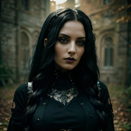 1 woman, European face, European eyes, pretty face, 30 years old, age 30, black long hair, black, green eyes, gothic style, wearing a long black dress, ultra detailed face, hyperrealistic, realistic representation, full body view, gothic style, dancing at a gothic festival