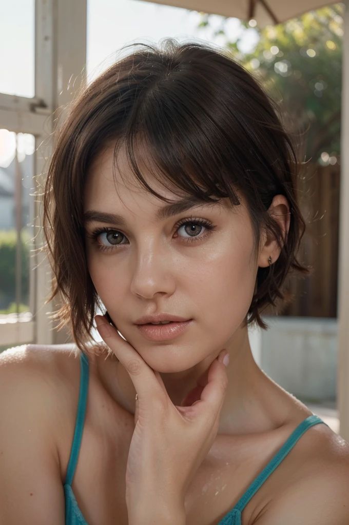 (masterpiece: 1.3), Nasolabial foldsが気になる女性,(8K, Realistic, RAW Photos, Highest quality: 1.4), (Woman in her 40s),Put your hand on your cheek, Shallow depth of field, Focus on the face, Soft Focus, Beautiful Face, (Backlight: 1.5), (Surroundings: 1.3), (Realistic Face), (Black Hair, Medium Short: 1.3),Hair blowing in the wind, Short bangs, Realistic eyes, Dark brown pupils, Pupil highlights, Beautiful details in the eyes, (Realistic Skin), Beautiful Skin, Pose with your hands on your face, Charm, 超High resolution, Ultra-realistic, High resolution, Golden Ratio,Nasolabial folds