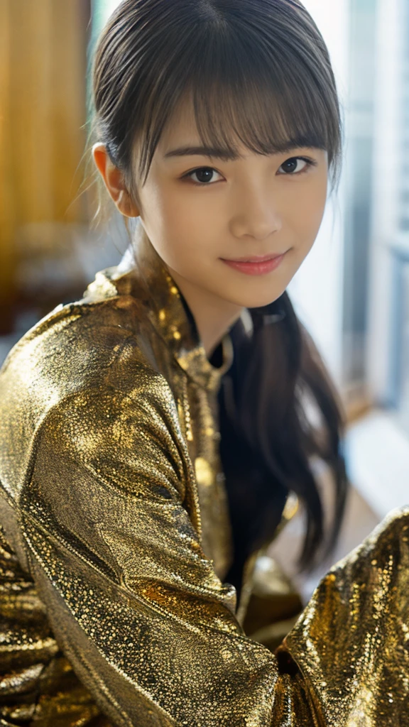 cute female teen girl in high polish, in the style of xiaofei yue, dark white and dark gold, happycore, cut/ripped, soft femininity, nobuo sekine, meticulous lines --s 750
