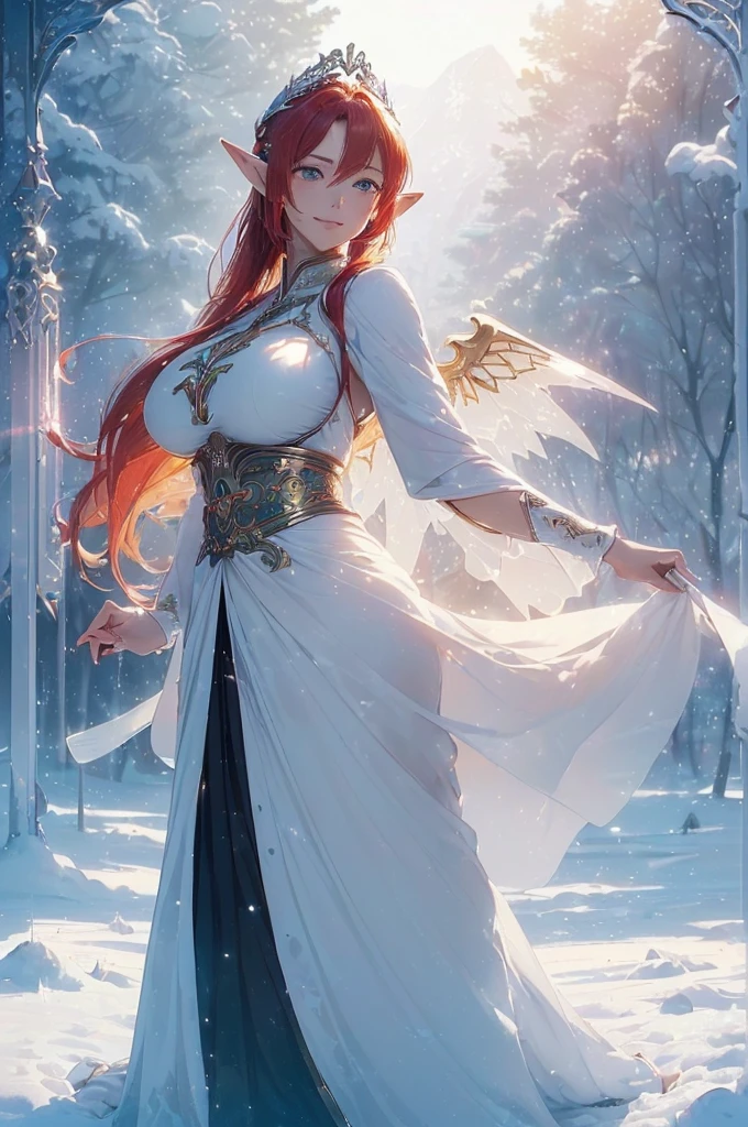 A beautiful woman, legendary, ((((realistic oil art, 46-year-old Empress, vibrant look, ((an elf, with golden hair and pointed ears. The only difference is that she has a pair of huge black and white wings behind her, and she holds a silver-white lance in each hand , dance, modest)), top of the mountain, 1girl, masterpiece, extremely detailed, (beautiful detailed glow), lens flare, red flare lens, sun flare, clouds, backlighting, (blue sky)
, light from behind, shadow on the figure, sparkling snow ,smile, laughter, standing in the distance, looking at the viewer, full-length
, elegance under the sun, hair ornament, movement motion, image look alive, perfect body figure, very big breast, very big ass, beautiful face, milf, royal, red color hair, shine eyes, blue eyes, ponytail long hair style, beautiful skin, Extremely details hair, fine details, cinematic lighting, beautiful lighting effect, creative design, full body frame, divine aura, hard harmony , sun light, perfect color transition, perfect balance of contrast, perfect color layer, perfectly smooth color blur, soft rendering, smooth color stroke, moon glare, optic lens, moonlight ray, soft colors, smooth colors blend, perfect color rendering, harmony, perfect color harmony, beautiful color, soft harmony, light particles, perfect details, intricate details, color prism, fine details, refine details, different view point, extremely details clothes))), Tachibana Omina art style, affectionate eyes, half a smile, slightly open mouth, a gentle expression on his face, serene scenery of flower under the snow, snow flake floating around, calm, breeze and sunlight, sun, lake, reflection, in the background, butterflies in the sky, realism, ((Best quality))),8k,((Masterpiece)),(Extremely refined and beautiful)