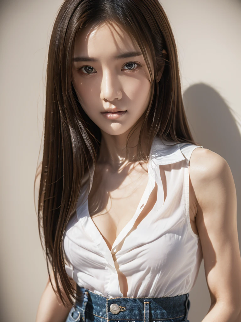 ((Highest quality, 8K, masterpiece :1.3)), Sharp focus :1.2, Beautiful woman with perfect figure :1.4, 1 Girl,Slim Abs :1.2, ((Dark brown hair,chest :1.2)), (White long formal shirt)(Unbutton your shirt.), Gray background:1.2, Highly detailed face and skin texture, fine grain, double eyelid,Beautiful Hands,Five Fingers,Fashion model posing,Full body portrait,Cowboy Shot,jeans,Cast a Shadow,