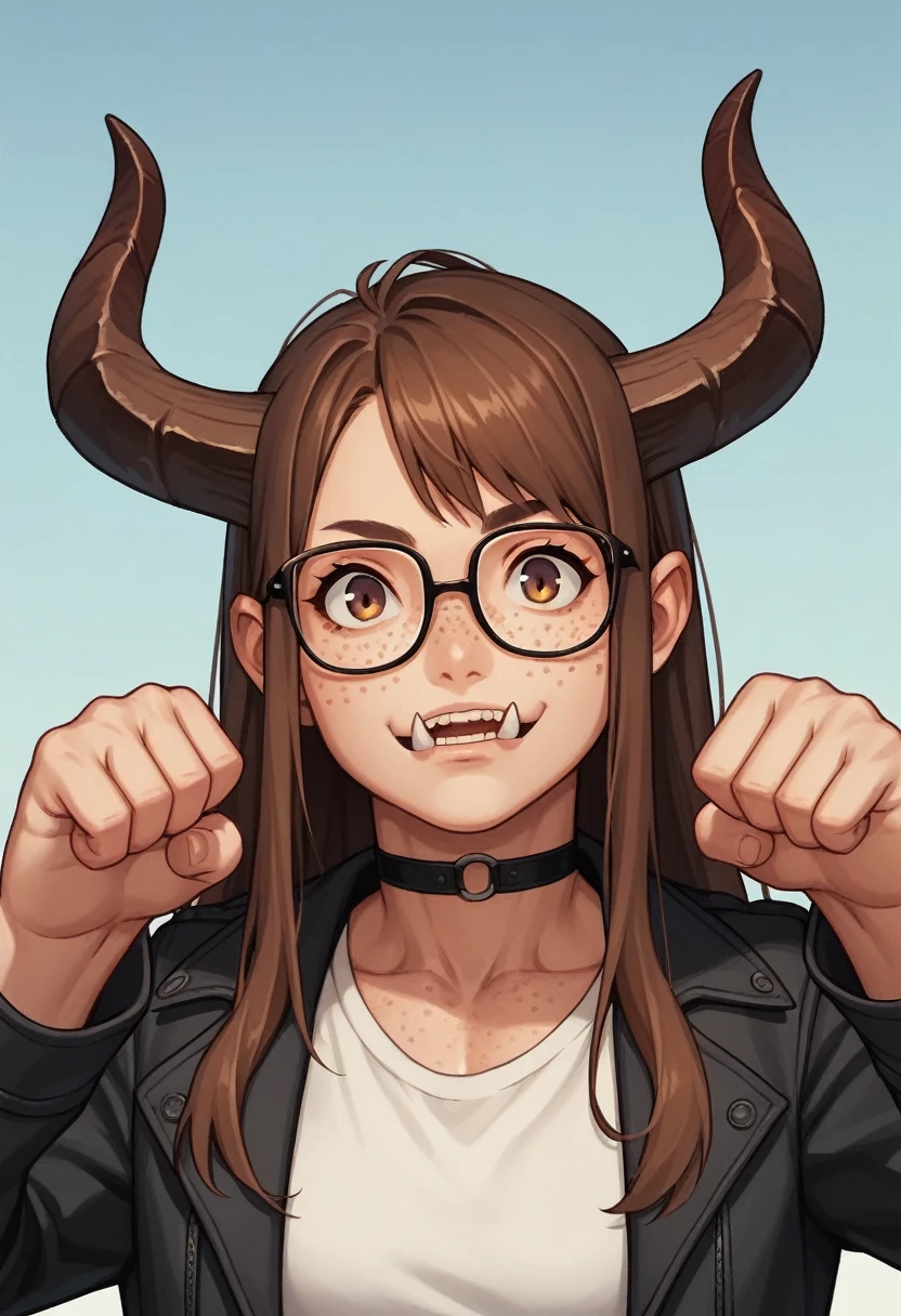 score_8_up, score_7_up, score_6_up, score_5_up, score_4_up, anime screenshot
1girl, solo, long hair, brown hair, horns, freckles, glasses, standing, upper body, looking at viewer, jacket, shirt, choker, muscular, big tits, tusks, cartoony
, looking up, :3, paw pose,