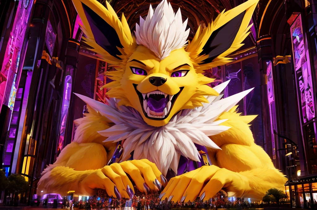 Macro Male Jolteon (pokemon) pred, smug expression, big teeth, high contrast, 8k HD, detailed, hyper-detailed, furry vore, primary fur yellow, secondary fur white, purple eyes, purple collar, best quality, ultra high res