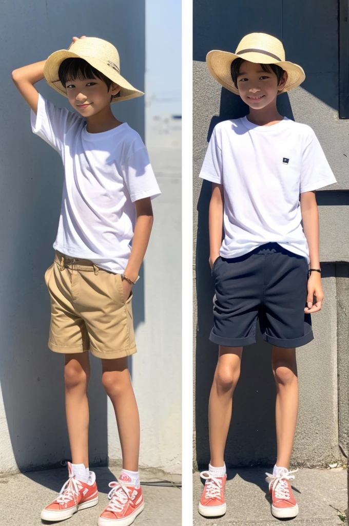 A tanned -yeld Jaese boy modeling for a full-body photoshoot in shorts during summer vacation