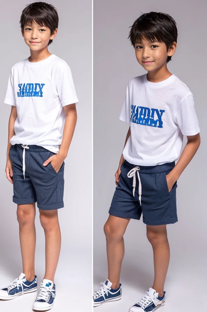 A tanned 11-year-old Japanese boy modeling for a full-body photoshoot in shorts during summer vacation