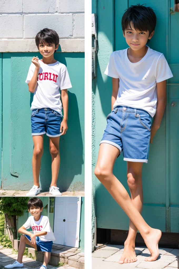 A girl wearing very short denim shorts worn by boys in the Showa era