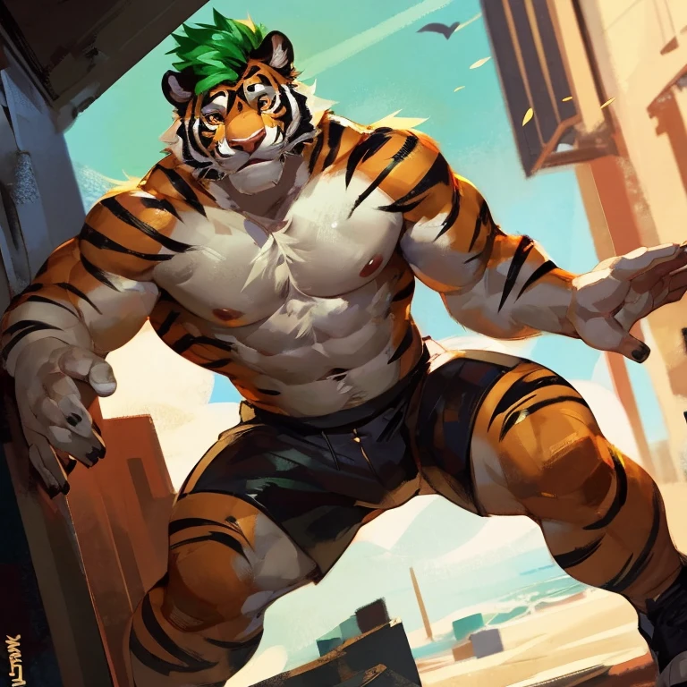 Medium muscular, black tiger, shirtless, in black shorts, Amber eyes, bluish-green hair, bluish-black fur, cream-white fur, By mystikfox61