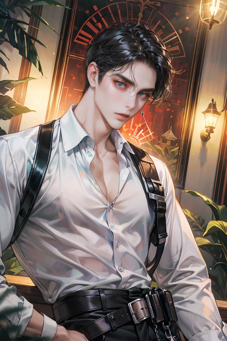 (absurdres, highres, ultra detailed, original character, HDR), 1 russian boy, solo, adult, handsome, ((tall muscular guy, broad shoulders)), finely detailed eyes, (black hair), hair between eyes, turquoise eyes, holographic, futuristic, casual and sexy outfit, gun holster, (body tight white shirt), (large man breasts), ((wearing an earring)), cowboy shot, dutch angle, face focused, british colonial room scenery, dystopian hong kong city, indoor, Cyan, Magenta, long face, closed mouth, looking at viewer, depth of field, bokeh
