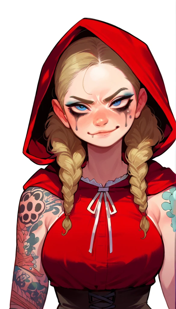 score_9, score_8_up, (clear simple background, white background, papyrus background), ((adult))
(Red Riding Hood, girl:1.2), _young, lagre_breasts , smug face, Serious face expression, whore_makeup,  leaking makeup, solo, (female), (fullbody, tattoos, curvey bode, cute face, focus), beautiful, 