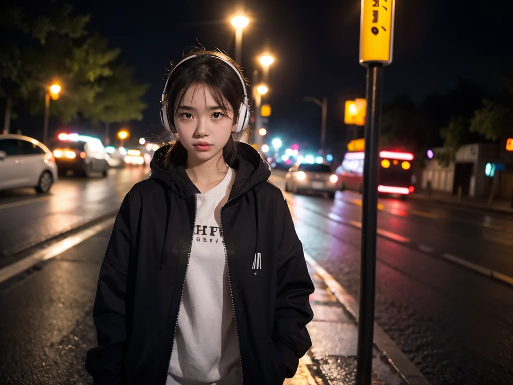 A girl，night，Wearing headphones，Walking alone on the street，Street Lights，light rain