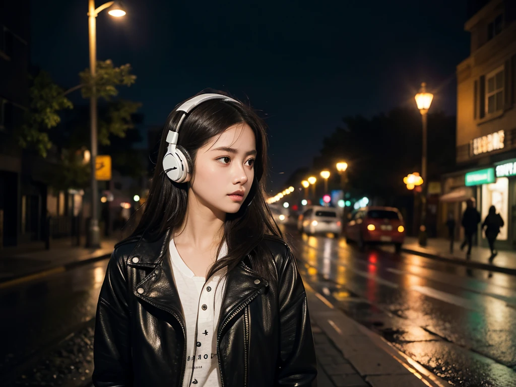 A girl,night,Wearing headphones,Walking alone on the street,Street Lights,light rain
