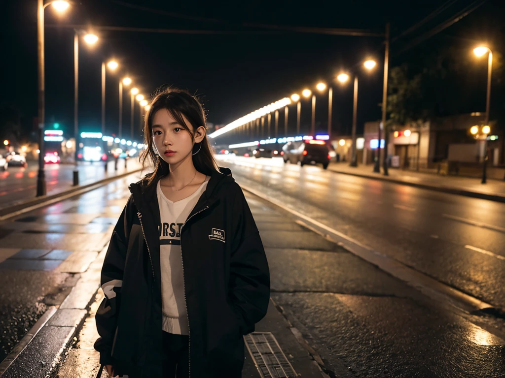 A girl,night,Wearing headphones,Walking alone on the street,Street Lights,light rain