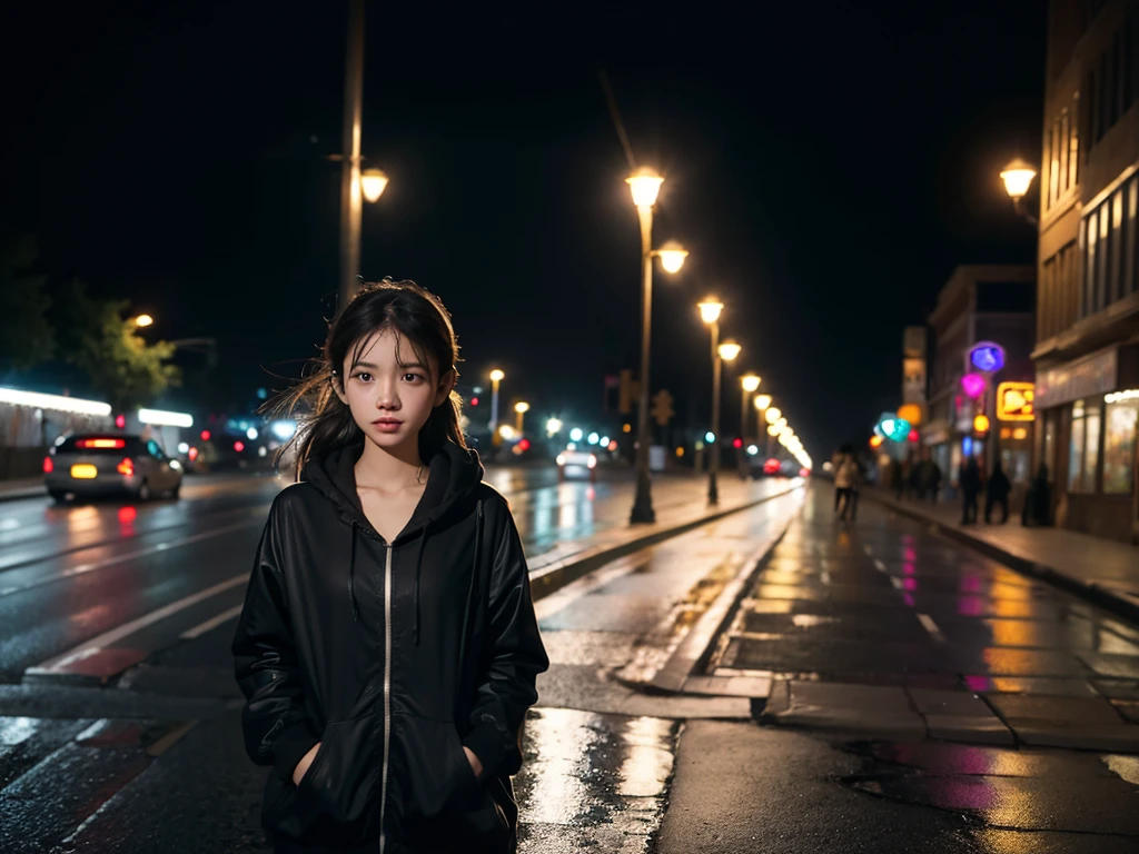 A girl,night,Wearing headphones,Walking alone on the street,Street Lights,light rain