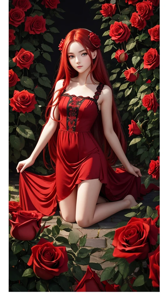 best quality,masterpiece,Ultra-high resolution,(photoactual:1.4),Roses every day(background),-yeld ortal rose flower demon girl,long red hair,cute eyes,The birth of a beautiful girl,Beautiful red rose dress(Gödelian),Kneeling among roses,