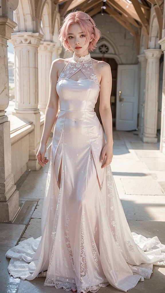 Sakura haruno, ((solo)), alone, bride, wearing a white wedding dress, queen, happy, ((forehead to show)), standing, entering the church, pink hair, short hair, delicate, young, short hair, detailed face, high definition, ((full body)), (flowers around her), upper body, she is a beautiful woman getting married, face with high quality, beautiful, radiant